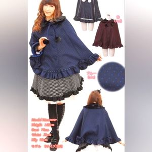 Bodyline Red Black Polka Dotted L467 Pom Ruffle Bow Faux Fur Cape Capelet Poncho